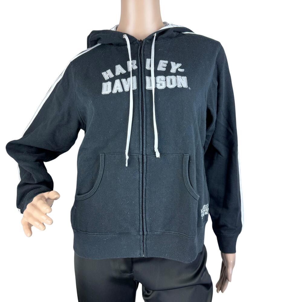 Harley-Davidson Black Full Zip Hoodie Columbia MO Striped Sleeve Womens Size S